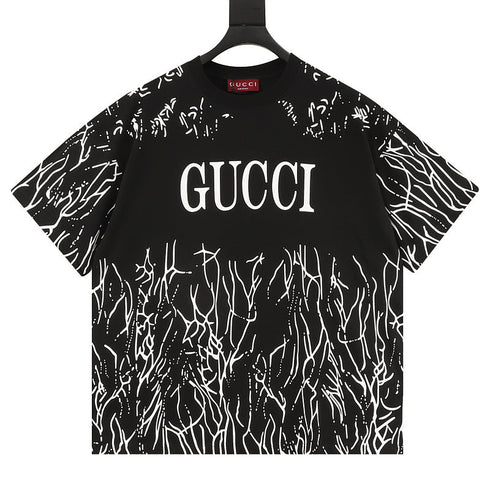 GUCCI 2026 New Arrival: All-Over Digital Print Short-Sleeve T-Shirt featuring Branch-Motif Lettering Logo