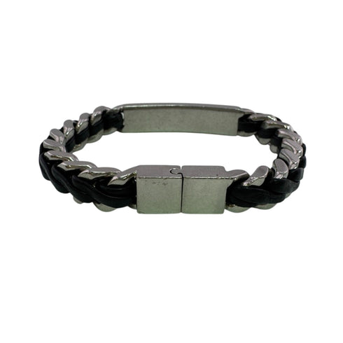 Curved Chain Bracelet Leather Silver