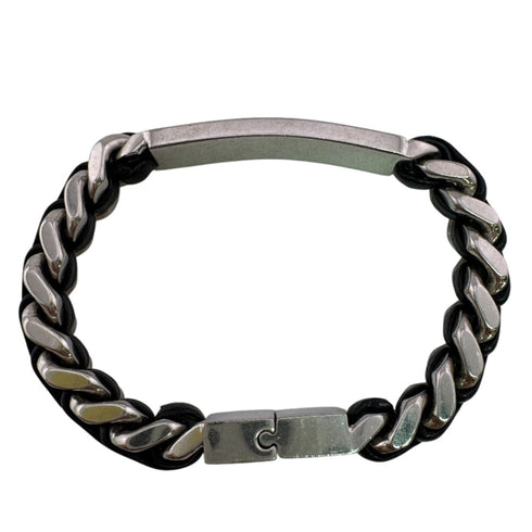 Curved Chain Bracelet Leather Silver