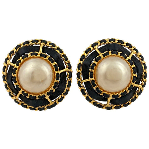 Pearl Clip-On Earrings Gold and Leather