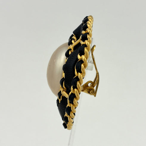 Pearl Clip-On Earrings Gold and Leather