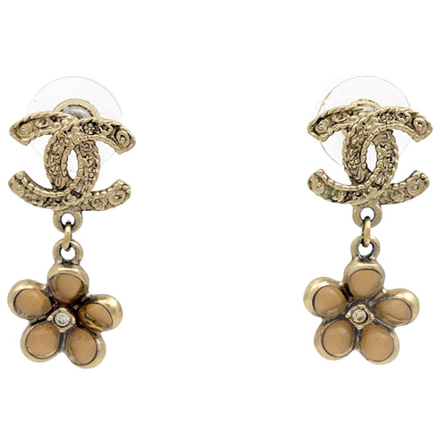 CC Logo Flower Earrings Metal Gold-Tone Metal