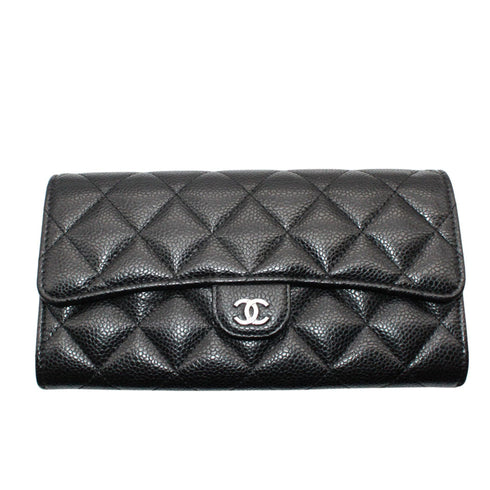 CC Gusset Classic Flap Wallet Quilted Caviar Long