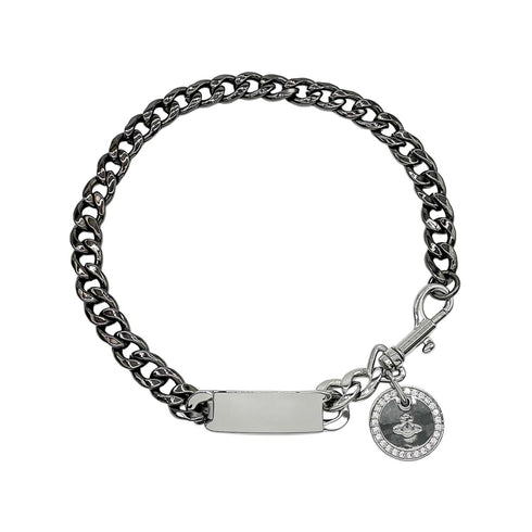 Orb Plate Chain Choker Necklace Metal Black and Silver With Rhinestones