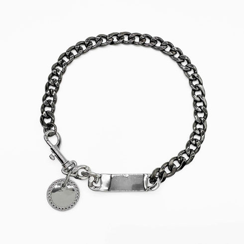Orb Plate Chain Choker Necklace Metal Black and Silver With Rhinestones