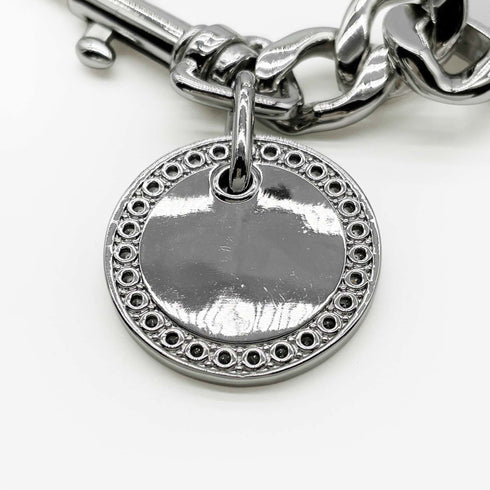 Orb Plate Chain Choker Necklace Metal Black and Silver With Rhinestones
