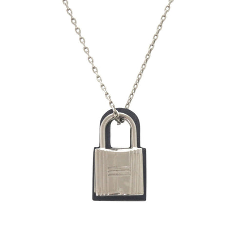 Pendant Necklace Metal and Swift Leather Navy and Silver