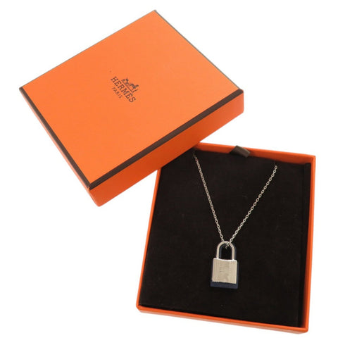 Pendant Necklace Metal and Swift Leather Navy and Silver