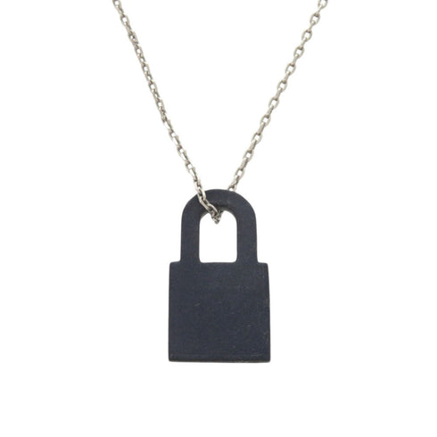 Pendant Necklace Metal and Swift Leather Navy and Silver