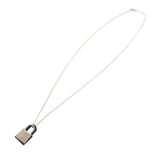 Pendant Necklace Metal and Swift Leather Navy and Silver
