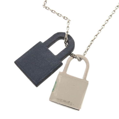 Pendant Necklace Metal and Swift Leather Navy and Silver
