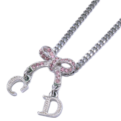 Ribbon Pendant Necklace Metal Pink and Silver with Rhinestone