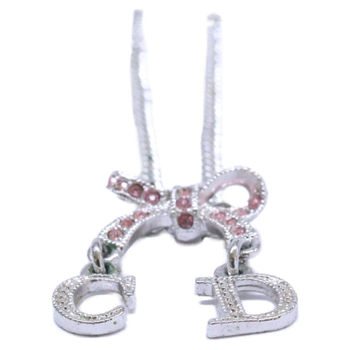 Ribbon Pendant Necklace Metal Pink and Silver with Rhinestone
