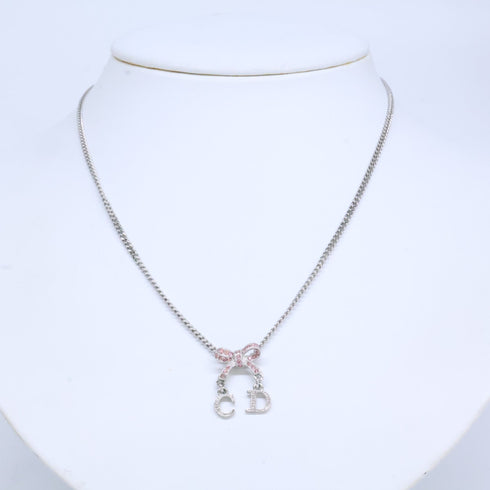Ribbon Pendant Necklace Metal Pink and Silver with Rhinestone