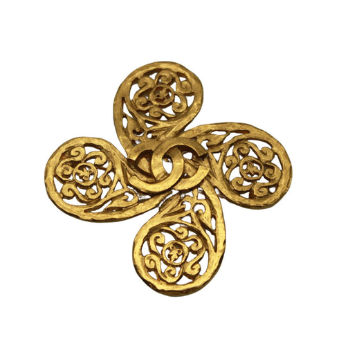 CC Logo Flower Brooch Gold-Tone Metal