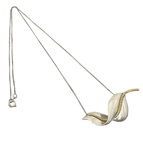 Vintage Leaf Motif Pendant Necklace Sterling Silver and 18K Yellow Gold