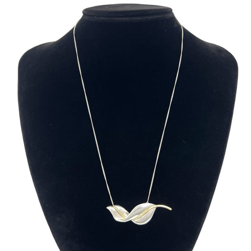 Vintage Leaf Motif Pendant Necklace Sterling Silver and 18K Yellow Gold