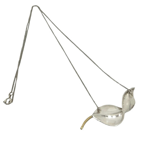 Vintage Leaf Motif Pendant Necklace Sterling Silver and 18K Yellow Gold