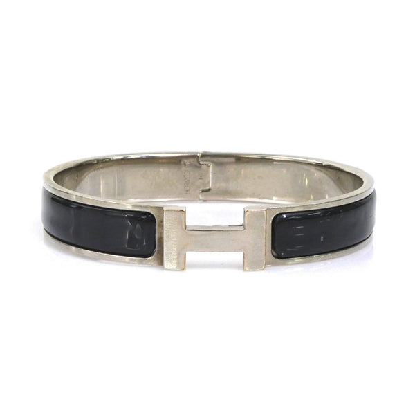 Bangle Enamel and Metal Black and Silver Bracelet
