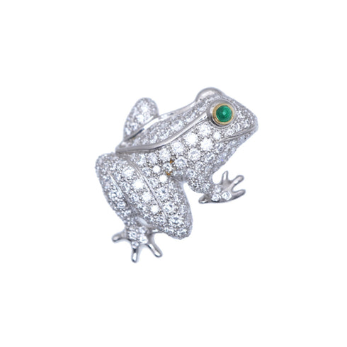 Brooch 18K Yellow Gold and Platinum with Diamonds and Emeralds