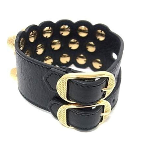 Giant Double Strap Bracelet Leather and Metal Black and Gold