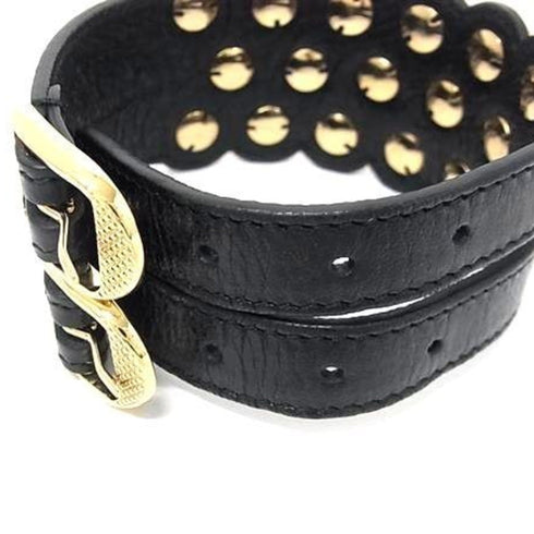 Giant Double Strap Bracelet Leather and Metal Black and Gold