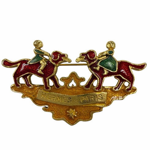 Vintage Brooch Metal Gold Green and Red