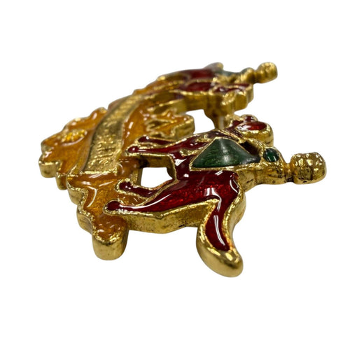 Vintage Brooch Metal Gold Green and Red