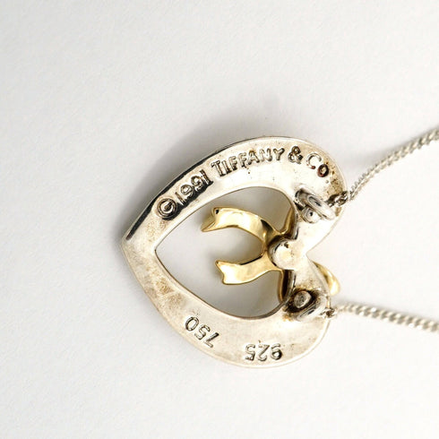 Heart Ribbon Pendant Necklace Sterling Silver and 18K Yellow Gold