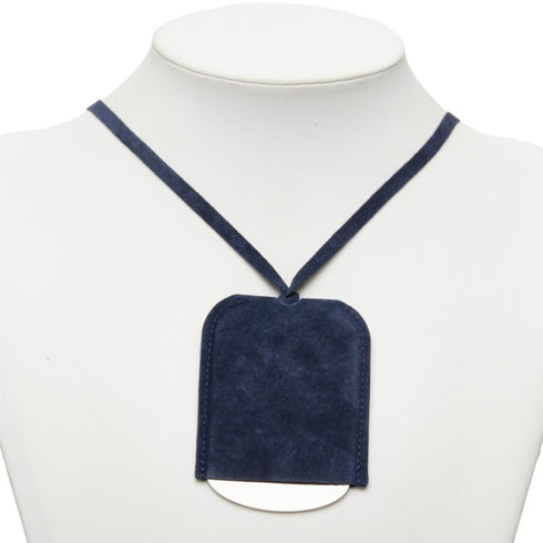 Pendant Necklace Leather and Metal Navy Silver