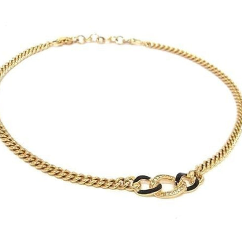 Pendant Necklace Enamel and Metal With Rhinestone Black and Gold