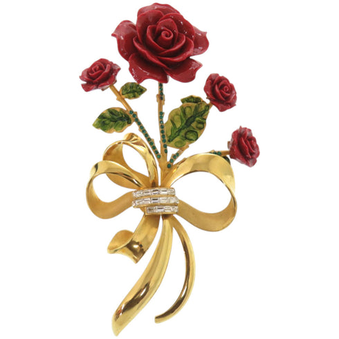 Rose Flower Brooch Metal Green and Red