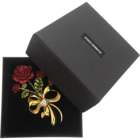Rose Flower Brooch Metal Green and Red