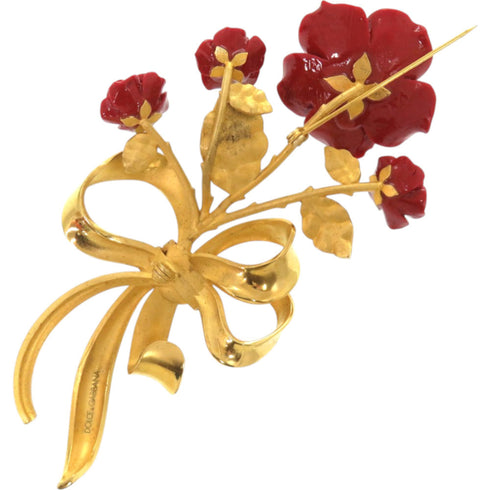 Rose Flower Brooch Metal Green and Red