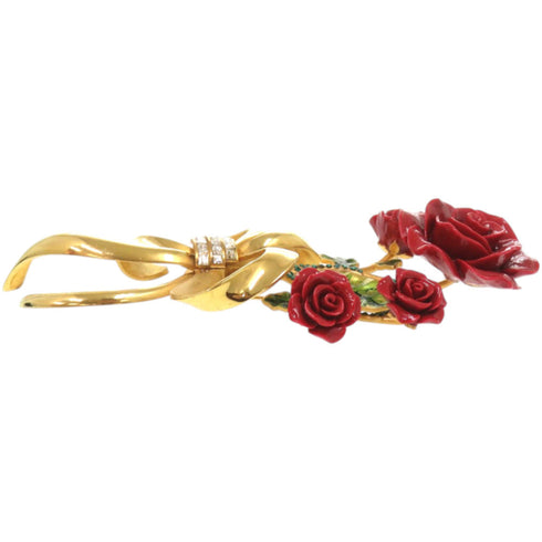 Rose Flower Brooch Metal Green and Red