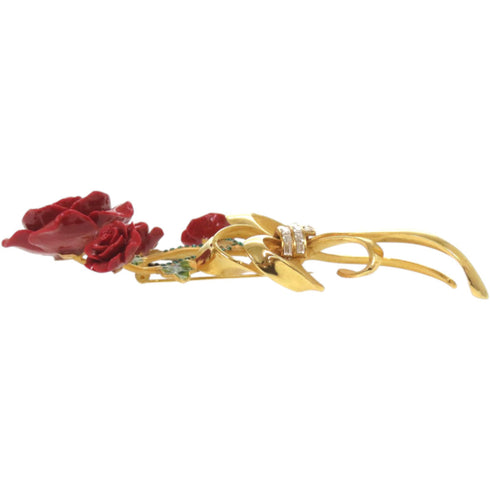 Rose Flower Brooch Metal Green and Red
