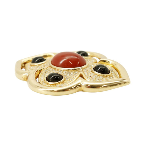 Brooch Black and Red Metal With Rhinestone
