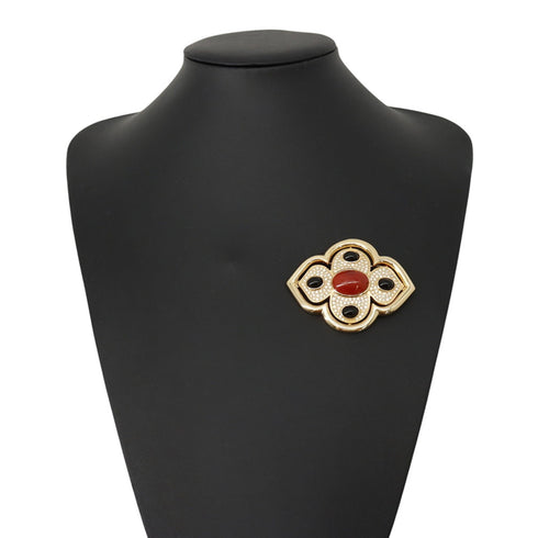 Brooch Black and Red Metal With Rhinestone