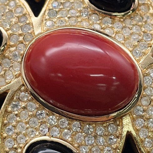 Brooch Black and Red Metal With Rhinestone