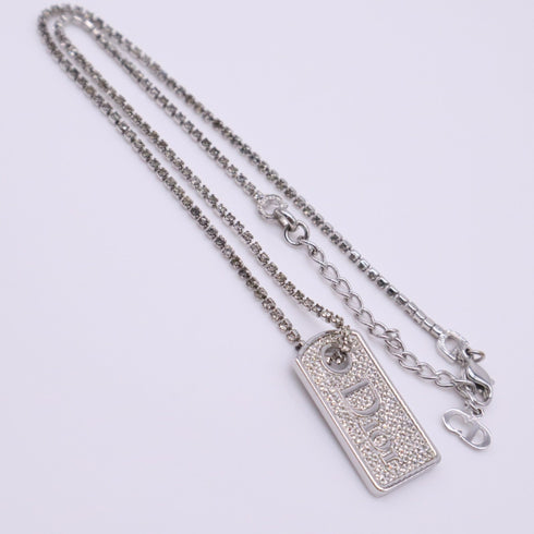 Plate Pendant Necklace Rhinestone Silver
