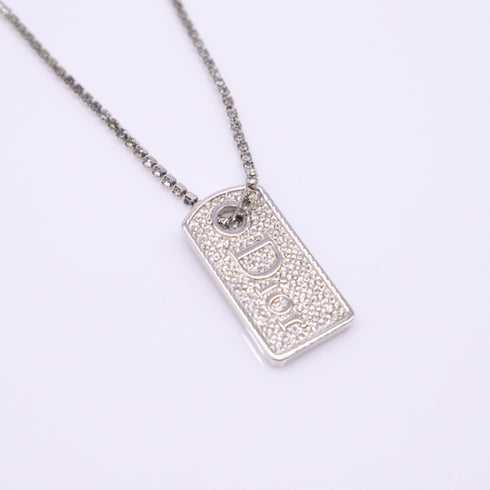 Plate Pendant Necklace Rhinestone Silver