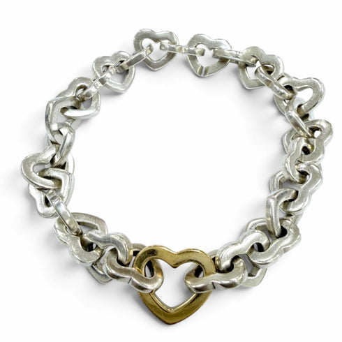 Vintage Heart Link Bracelet Sterling Silver and 18K Yellow Gold