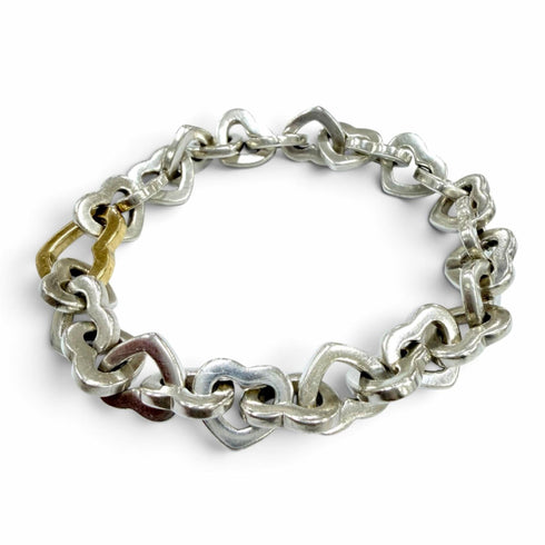 Vintage Heart Link Bracelet Sterling Silver and 18K Yellow Gold