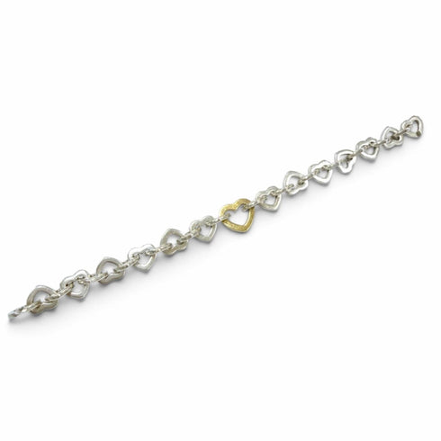 Vintage Heart Link Bracelet Sterling Silver and 18K Yellow Gold