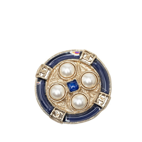 CC Logo Round Brooch Gold-Tone Metal
