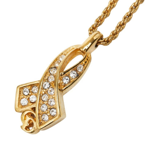 CD Ribbon Tie Pendant Necklace Gold with Rhinestone