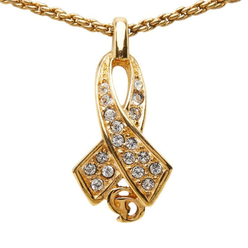CD Ribbon Tie Pendant Necklace Gold with Rhinestone
