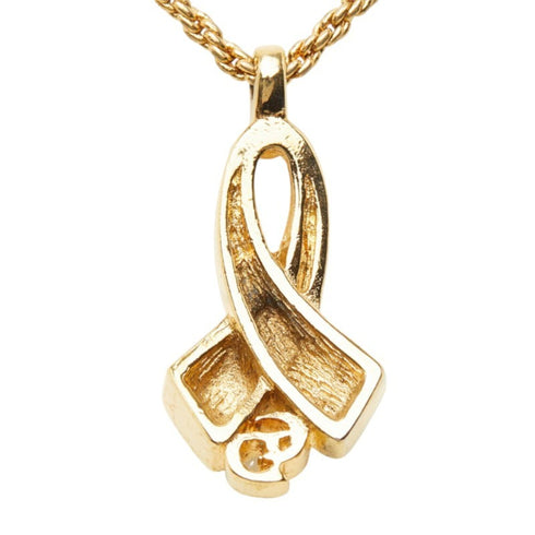 CD Ribbon Tie Pendant Necklace Gold with Rhinestone