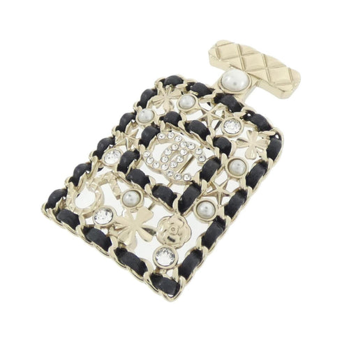Brooch Leather Black Gold White