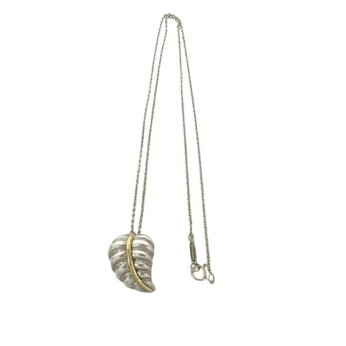 Vintage Leaf Motif Pendant Necklace Sterling Silver and 18K Yellow Gold